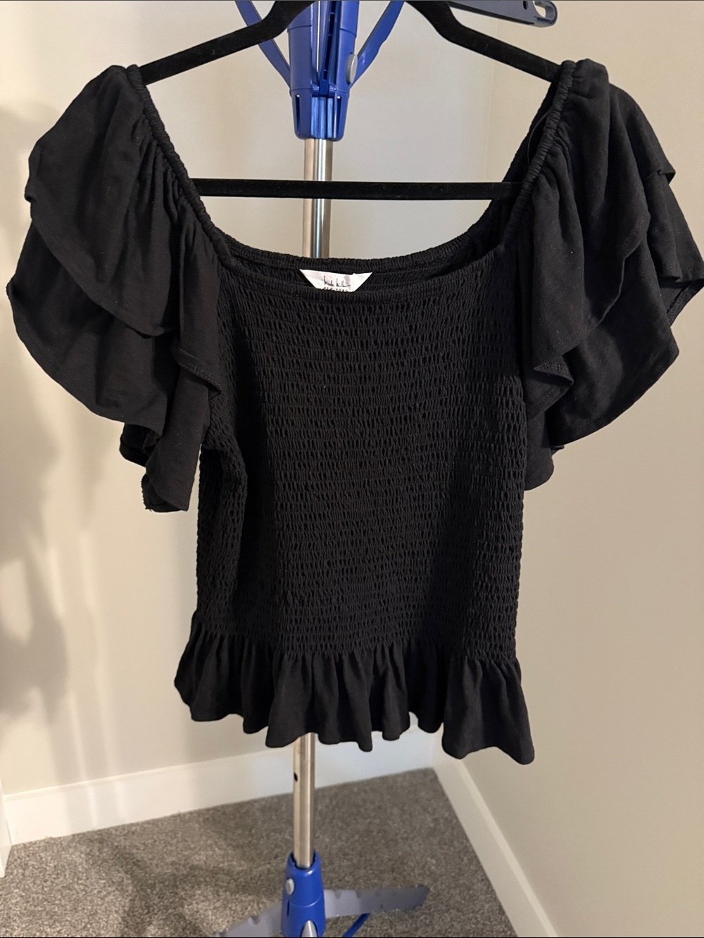 Nicole Miller Black Smocked Off-Shoulder Ruffle Crop Top